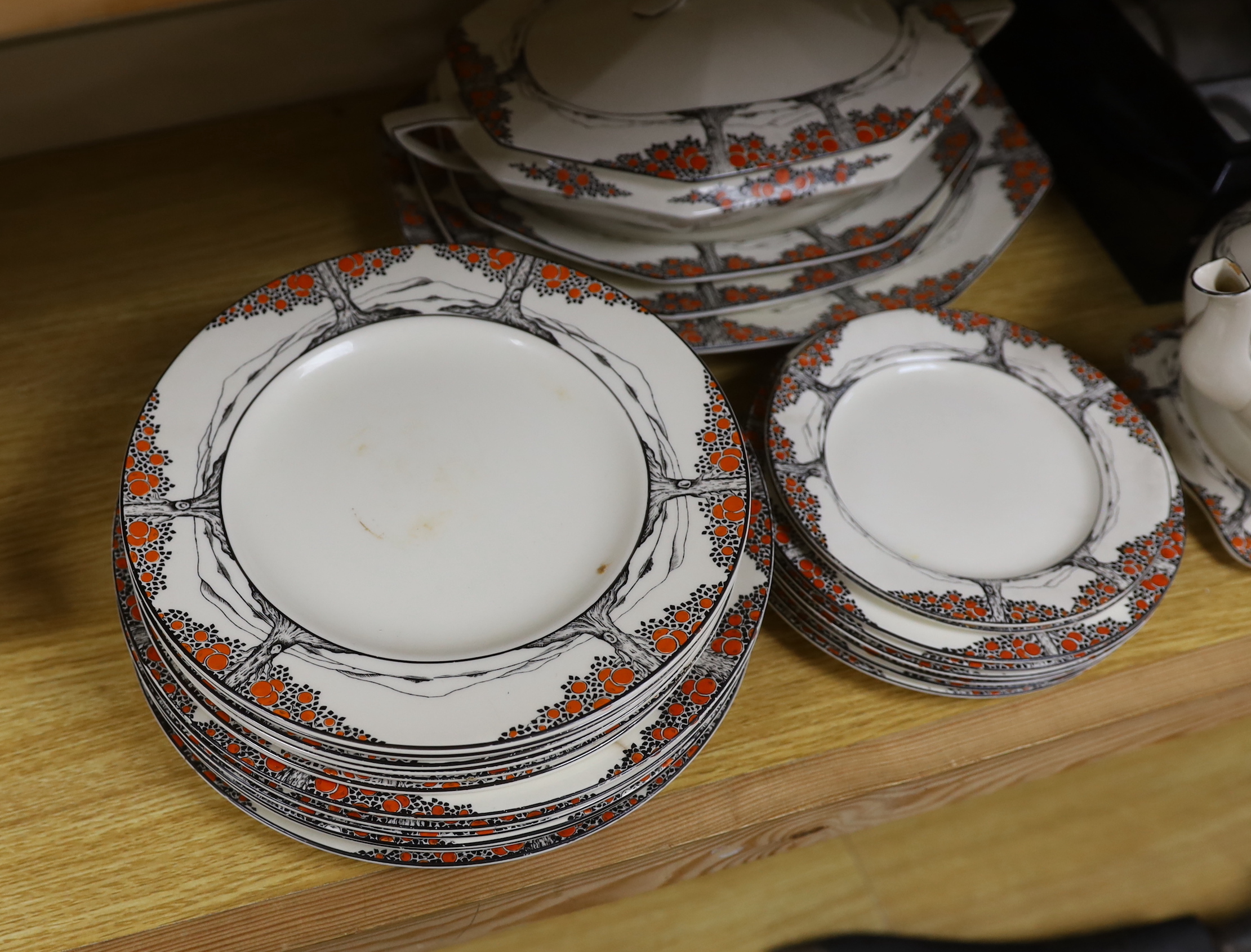 A Crown Ducal orange tree pattern part dinner set including tureens, side plates and jug, together with a Royal Doulton plate, largest 32cm wide